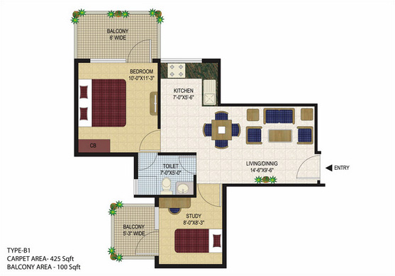 1BHK + Study Type B1