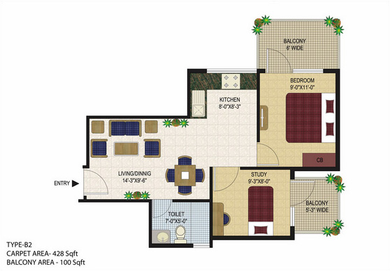 1BHK + Study Type B2