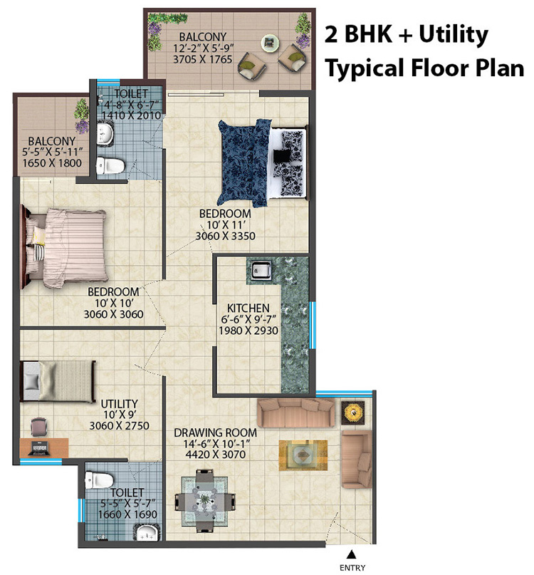 Conscient Habitat 2 BHK + Utility Floor Plan