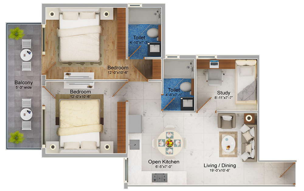 2 BHK + Study Type 2